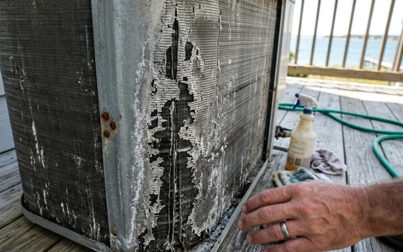 Standard aluminum condenser fins flaking and pitted from salt exposure