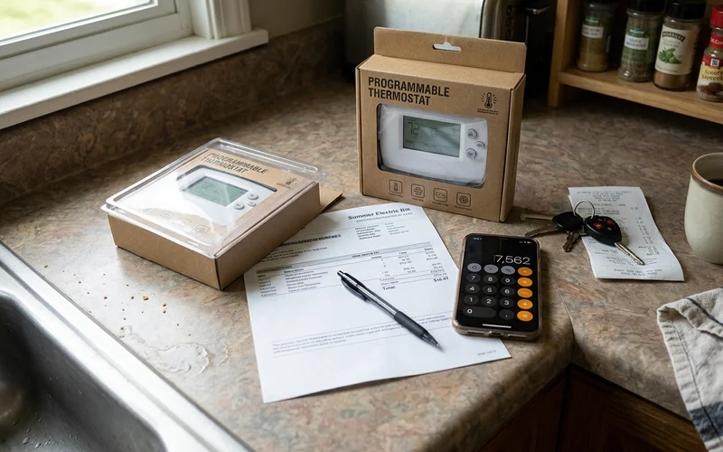 Summer electric bill on a counter beside a thermostat