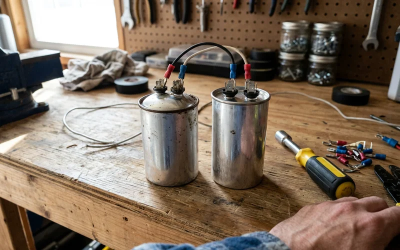 Swollen dual run capacitor beside a new one on a workbench