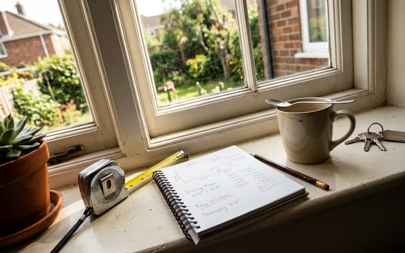 Tape measure and notepad with room dimensions on a windowsill