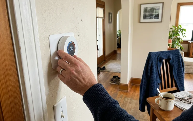 Thermostat being switched from cool to heat on a cool October morning
