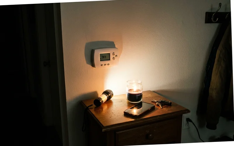 Thermostat switched off with a flashlight on a side table after an outage