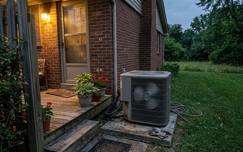 Variable-speed outdoor AC unit running beside a brick home in the evening