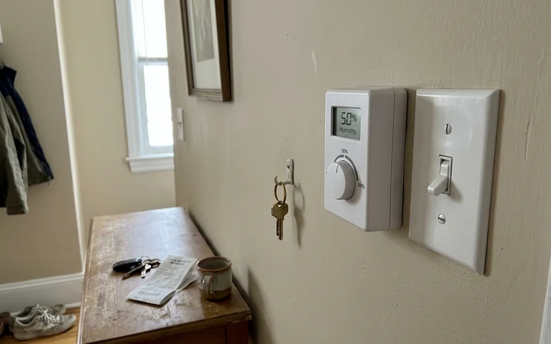 Wall-mounted dehumidistat set to 50 percent in a hallway
