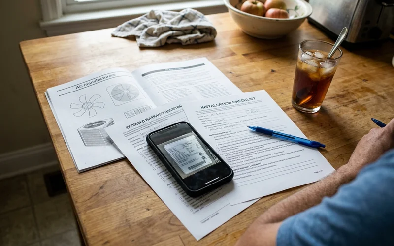 Warranty paperwork and a photo of the unit data plate on a kitchen table