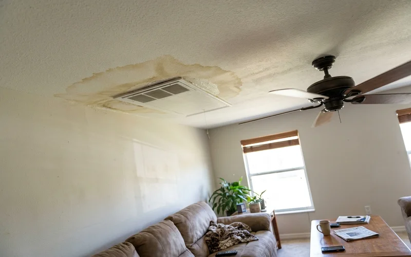 Water stain spreading on a ceiling below an attic air handler