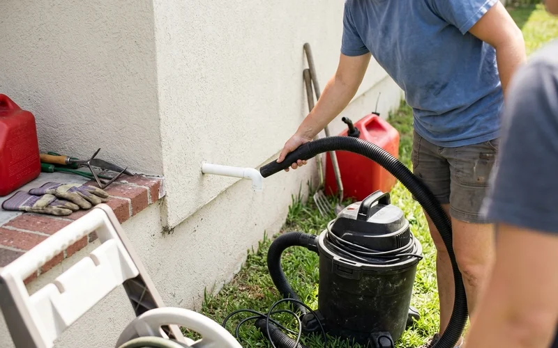 Shop vacuum hose on the outdoor end of a condensate drain line