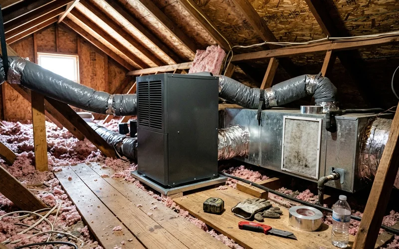 Whole-home dehumidifier installed beside an attic air handler