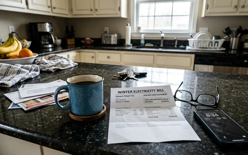 Winter power bill on a table next to a mug of coffee