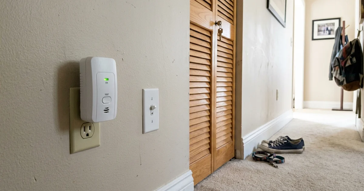 Carbon monoxide detector plugged in near a hallway furnace closet