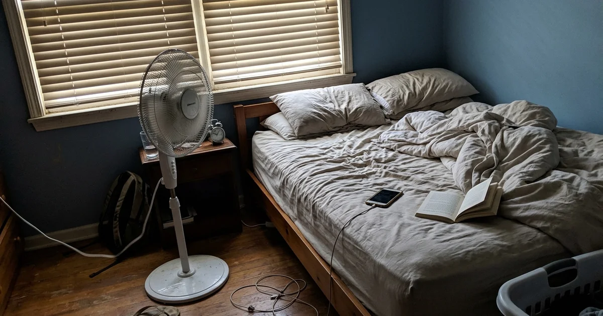 Closed blinds and a pedestal fan in a dim bedroom on a bright day