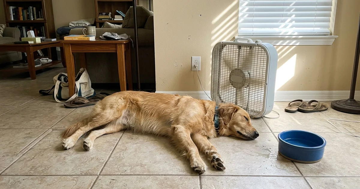 Dog lying on a cool tile floor near a fan in a warm house