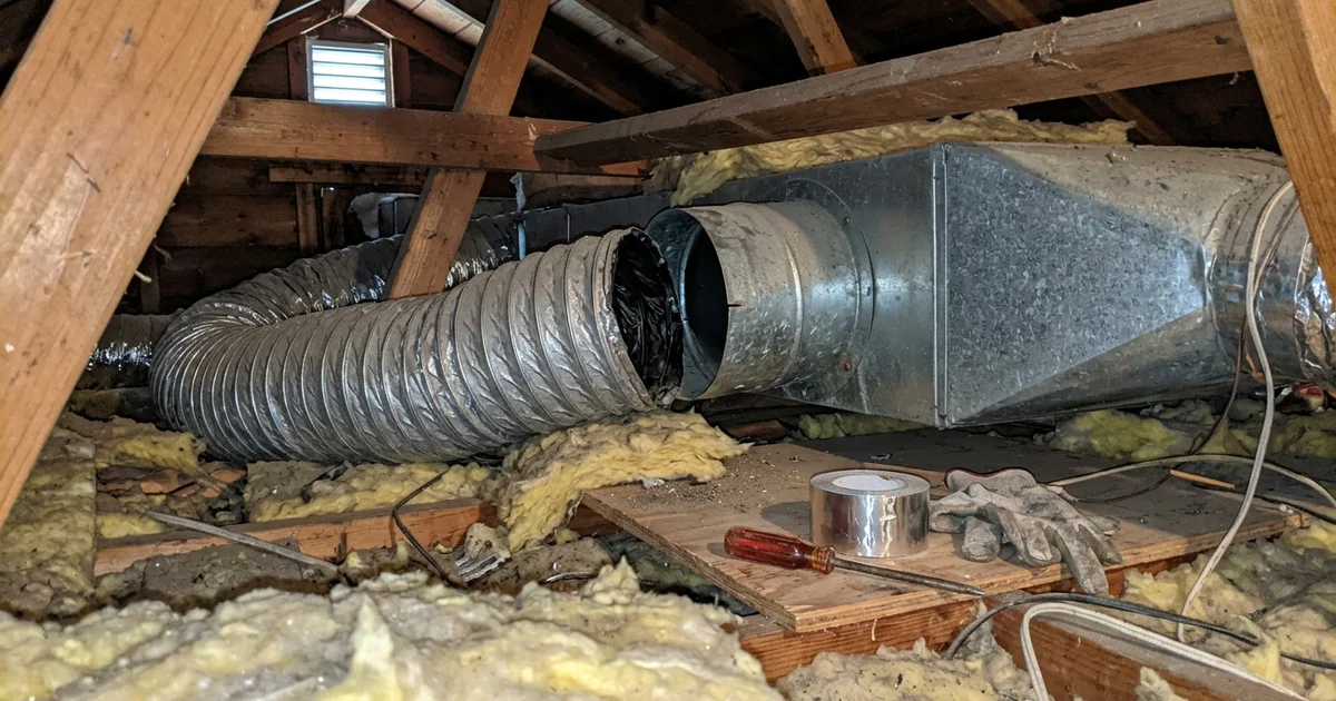 Flex duct connection with a visible gap in a hot attic