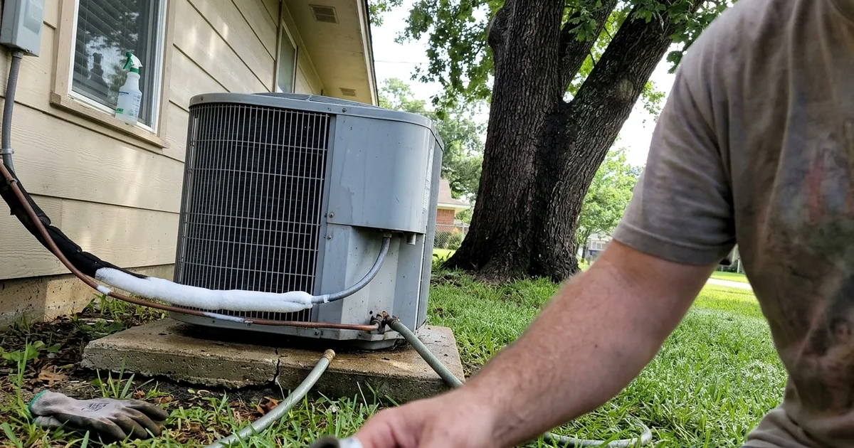 Frost-covered copper suction line entering an outdoor condenser on a humid morning