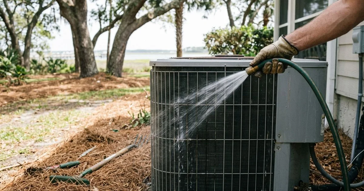 Garden hose gently rinsing an outdoor AC coil in a coastal yard
