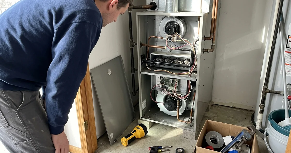 Gas furnace with the front panel off in a utility closet