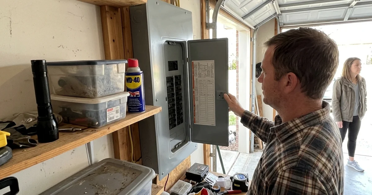 Hand opening a residential breaker panel in a garage with a flashlight on a shelf