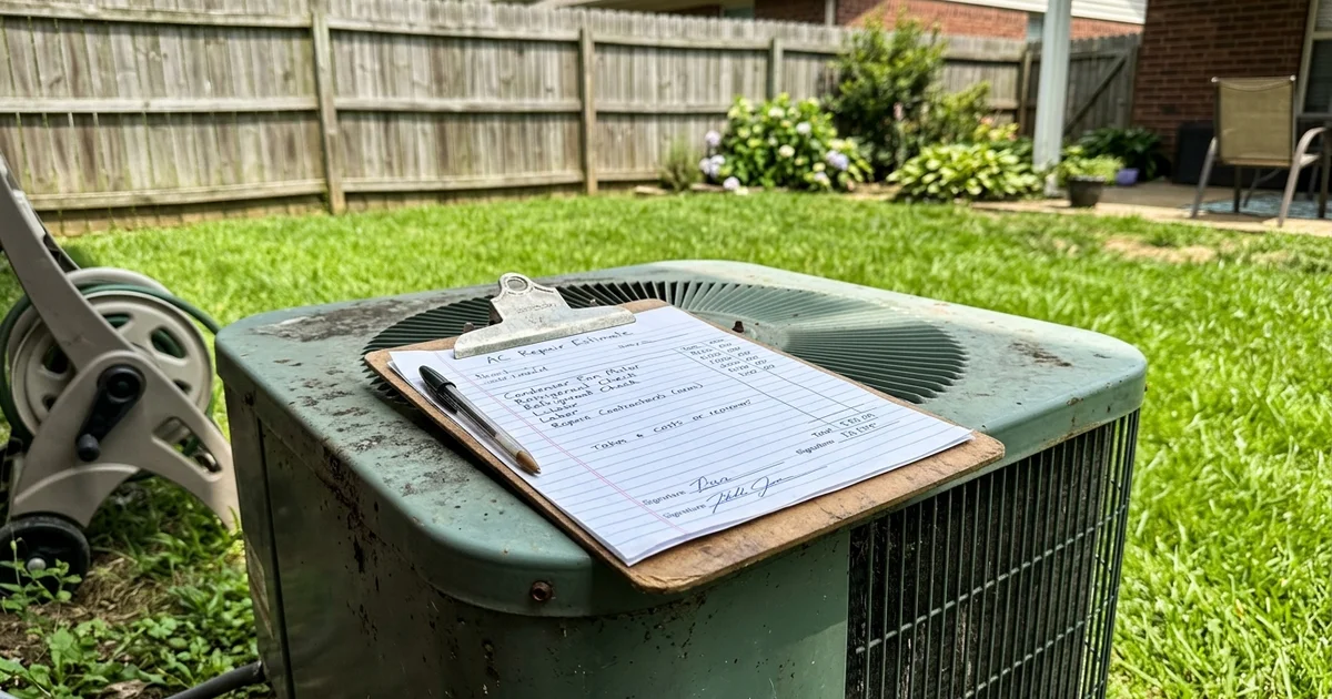 Handwritten contractor estimate on a clipboard resting on an outdoor AC unit