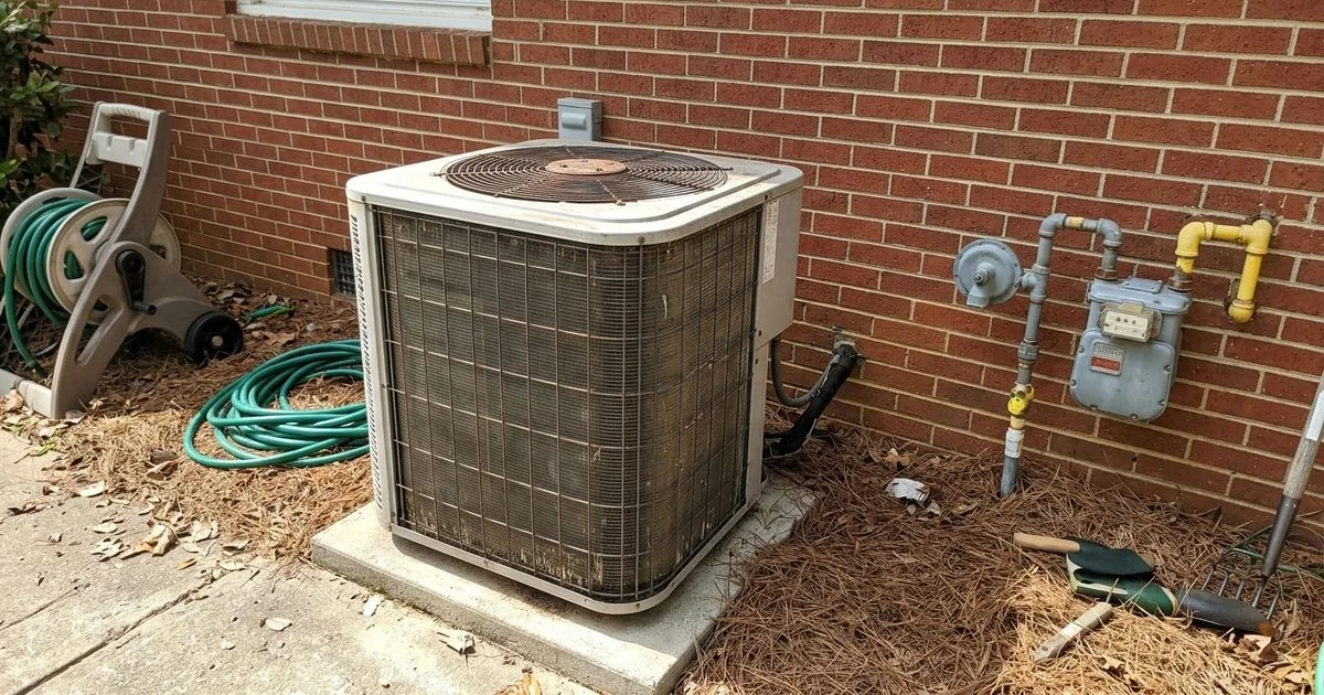 Heat pump outdoor unit beside a brick home with a gas meter nearby
