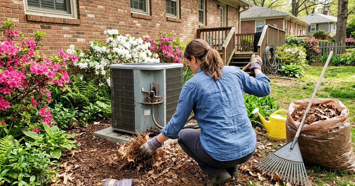 Homeowner clearing leaves and pine straw from around an outdoor AC unit