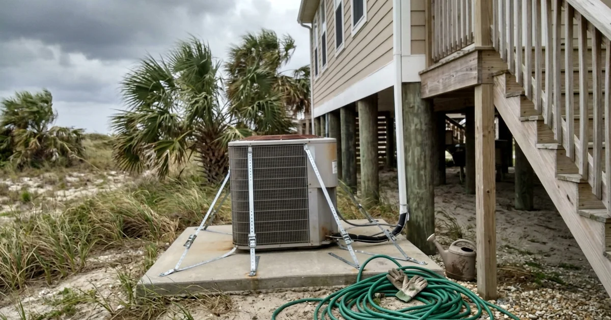Hurricane straps on an outdoor AC unit beside a coastal home under a gray sky