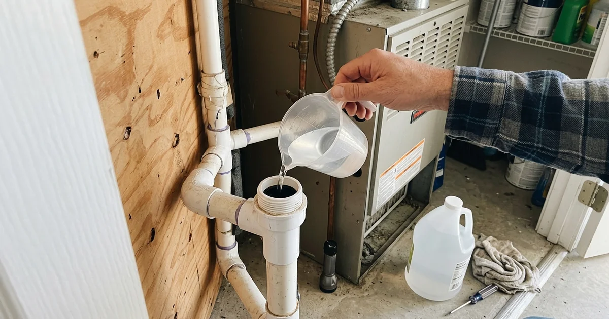 White vinegar poured into an AC drain line cleanout near an air handler
