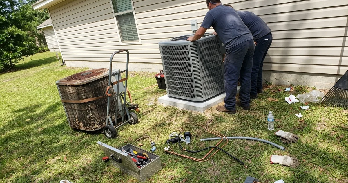 New condenser being set on a pad with the old unit on a dolly