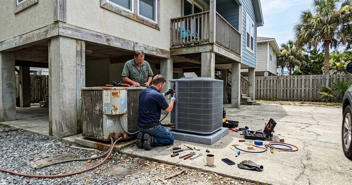 Old and new outdoor AC units side by side in a driveway on installation day