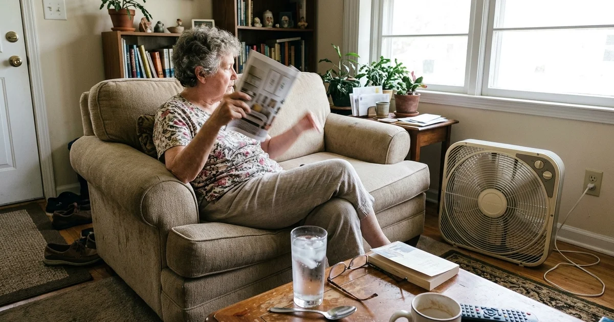 Older homeowner fanning herself on a couch in a warm living room with a box fan running
