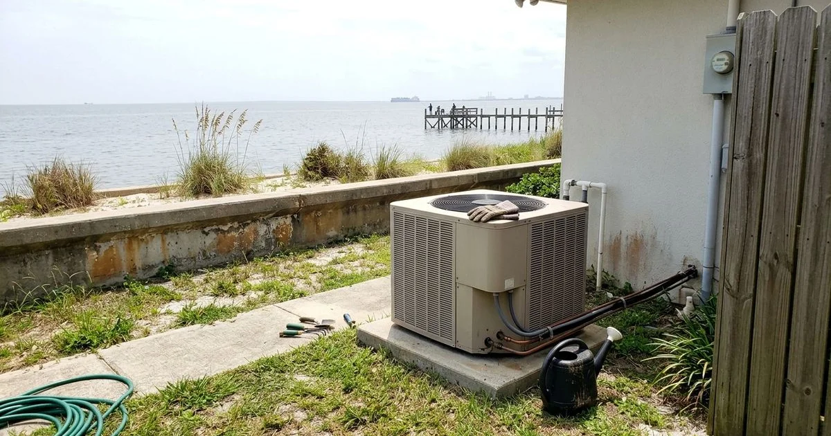 Outdoor AC unit on a raised pad near a bayfront seawall with salt haze