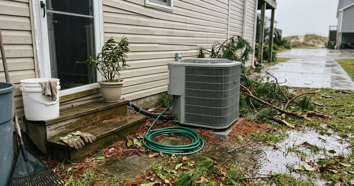 Outdoor AC unit with storm debris and wet ground after a Gulf Coast storm