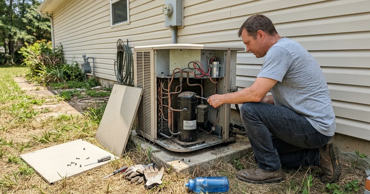 Outdoor condenser with the side panel removed showing the compressor