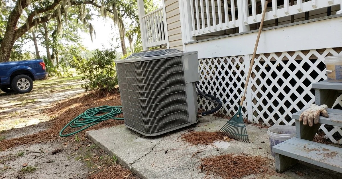 Outdoor heat pump beside an Eastern Shore home in early fall under live oak shade