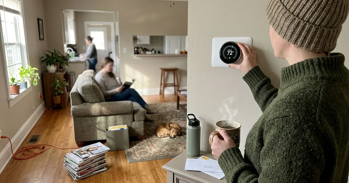Person in a sweater at a thermostat set to heat on a chilly morning