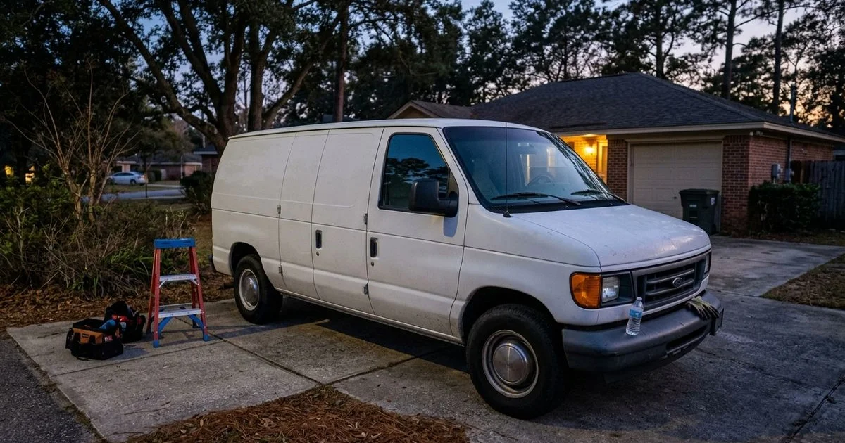 Service van parked in a Daphne driveway at dusk with the porch light on