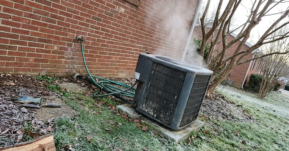 Steam rising from an outdoor heat pump on a cold morning