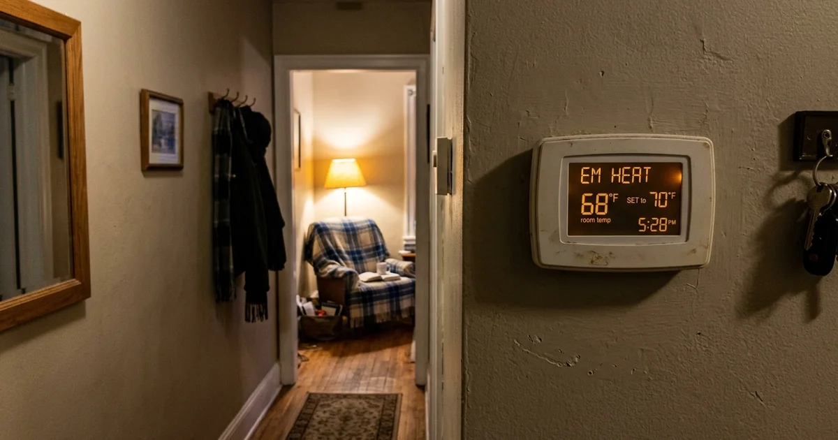 Thermostat display showing an EM HEAT indicator in a dim hallway