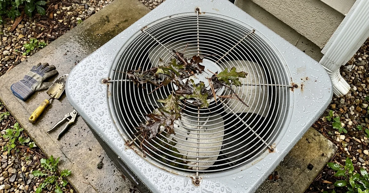 Stopped outdoor AC fan grille after a summer storm with wet leaves on top