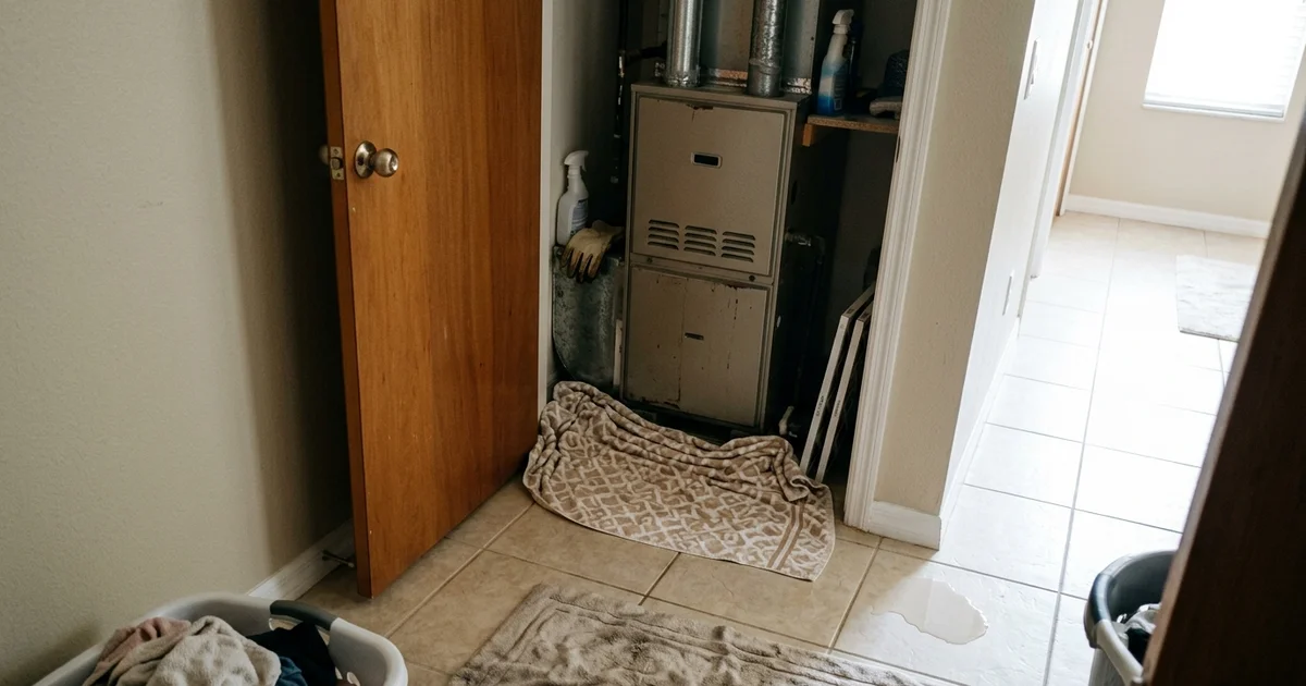Towels around an indoor air handler closet with a small puddle on the tile floor