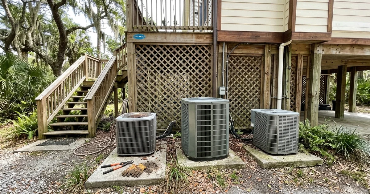 Two outdoor condensers of different sizes beside a raised coastal home
