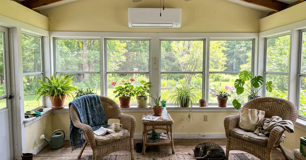 Wall-mounted mini-split head in a bright sunroom with wicker chairs