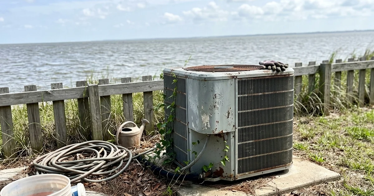Weathered outdoor AC unit with faded, pitted casing in a bayfront yard