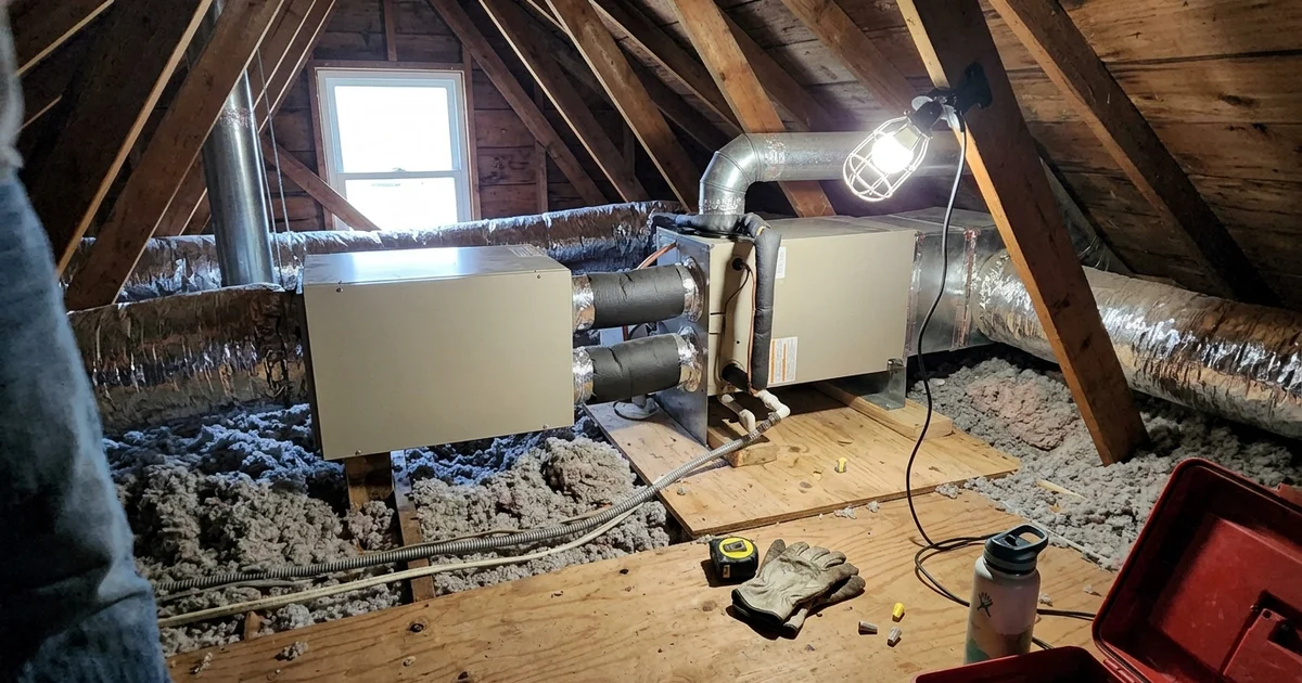 Whole-home dehumidifier installed beside an air handler in an attic