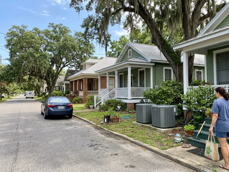 Residential street on the Eastern Shore with brick and raised cottage homes