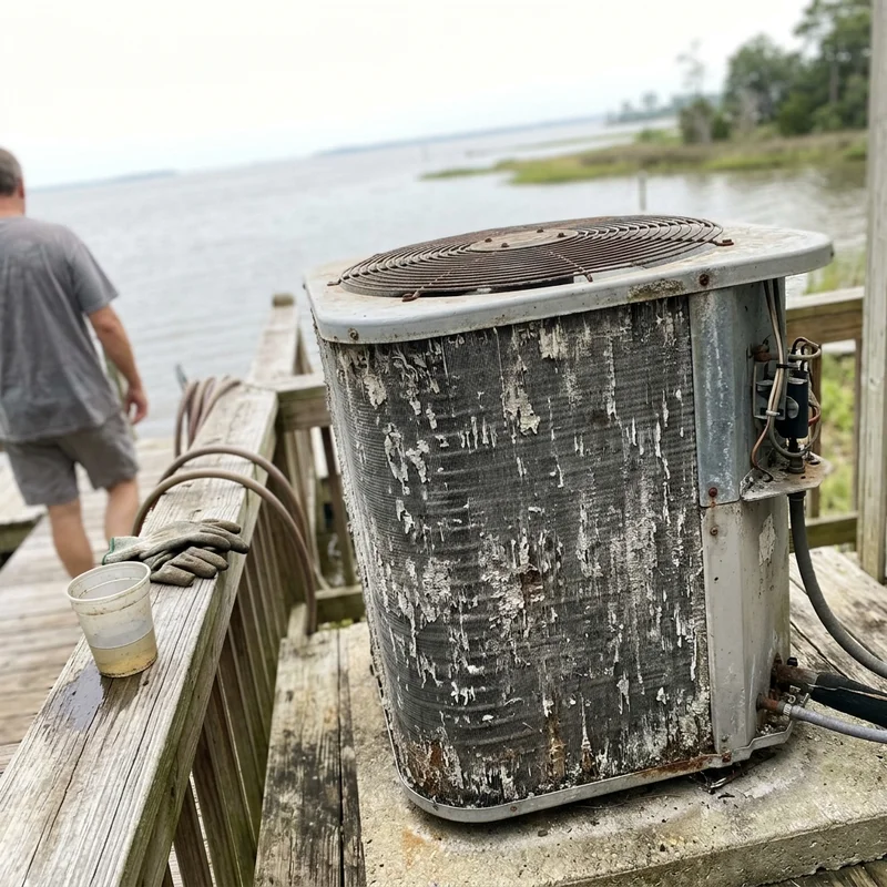 Salt crust on the aluminum fins of an outdoor AC condenser near Mobile Bay
