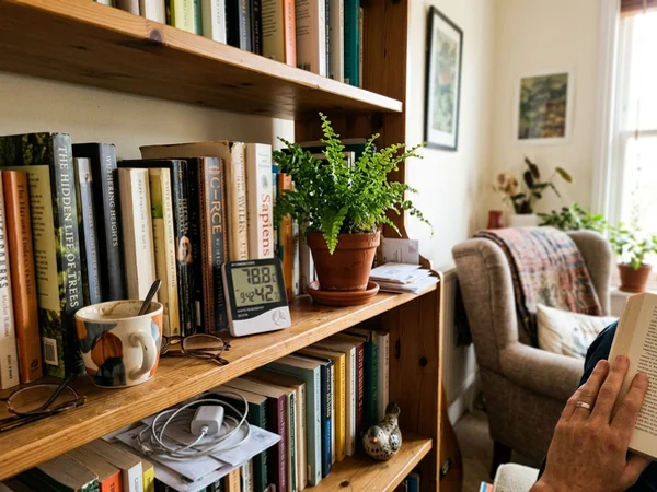 Hygrometer reading high humidity on a bookshelf