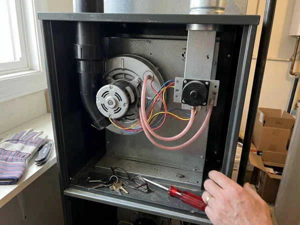 Draft inducer motor and pressure switch inside a furnace