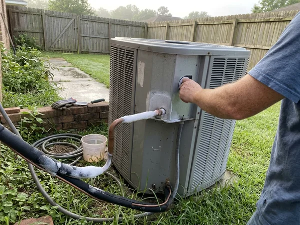 Frost on the copper refrigerant line at an outdoor AC unit