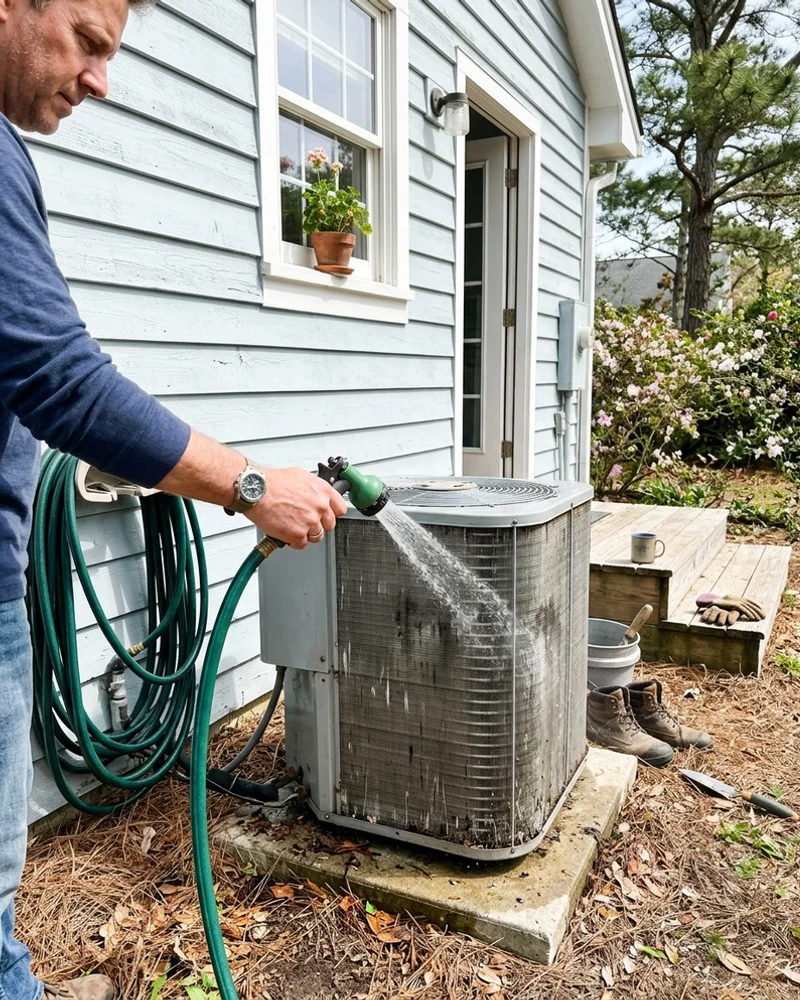 Garden hose gently rinsing an outdoor AC condenser coil beside a coastal cottage in spring