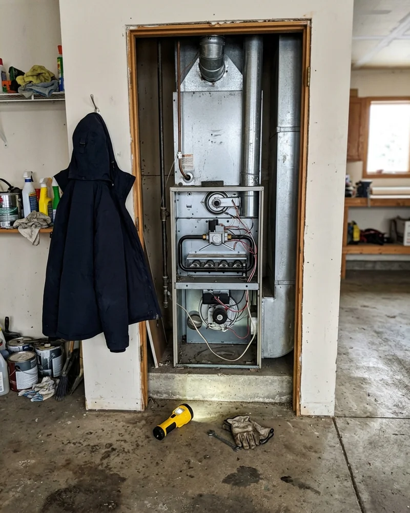 Gas furnace in a garage utility closet with the front panel removed